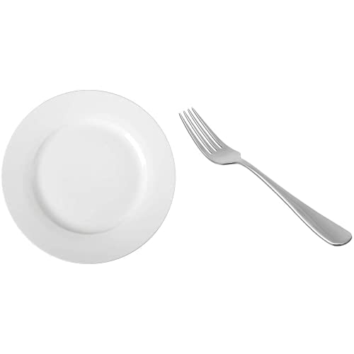Amazon Basics - Tenedores de mesa de acero inoxidable, con punta redonda, juego de 12 + Juego de 6 platos llanos