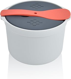 Olla Arrocera para Microondas 2L, PP Alimenticio con Colador, Naranja | 2L capacidad 6 tazas, cocina arroz granos y pasta, colador vaporera, PP alimenticio, apta lavavajillas, uso fácil microondas