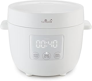 Yum Asia Tsuki Mini arrocera con cuenco de cerámica Shinsei (2,5 tazas, 0,45 litros) 5 funciones de cocción de arroz, 2 funciones de multicocina, pantalla LED oculta, 220-240V (Pebble White)