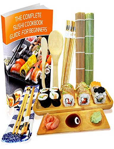 Kit para Hacer Sushi - Esterilla de Enrollar Sushi de Bambú Set de 11 Piezas - 2 Esteras, 5 Pares de Palillos con Bolsita, Paleta, Cuchillo para Extender, Plato de Servir, Plato de Salsa y eBook
