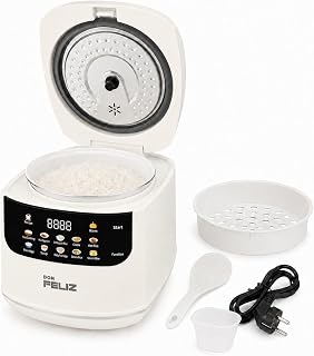 Don Feliz Arrocera Eléctrica 2 L para 1-4 Personas, Olla Arrocera Digital con 10 Programas, Cesta Vaporera, Temporizador 24 h, Mantener Caliente y Recipiente Antiadherente