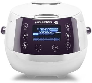 REISHUNGER Olla Arrocera Eléctrica y Vaporera – 1,5 L – Blanco | hasta 8 personas – Temporizador y recipiente interior Premium – Olla multifunción, 12 programas, tecnología de 7 fases