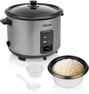 Tristar Olla Arrocera, Capacidad 1,8 L, Cuerpo de Acero Inoxidable con Tapa de Cristal, Recipiente Antiadherente, Apagado Automático y Función Mantener Caliente, 700 W, RK-6148