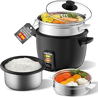 Olla arrocera de 1L con vaporera y olla interior antiadherente. Prepara sopas, guisos, cereales y mantiene caliente, incluye accesorio para vapor, cuchara taza medidora (negro A)