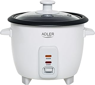 ADLER EUROPE Arrocera 0,6 litros, función de mantenimiento del calor, olla antiadherente, cuchara de arroz y vaso medidor, tapa de cristal